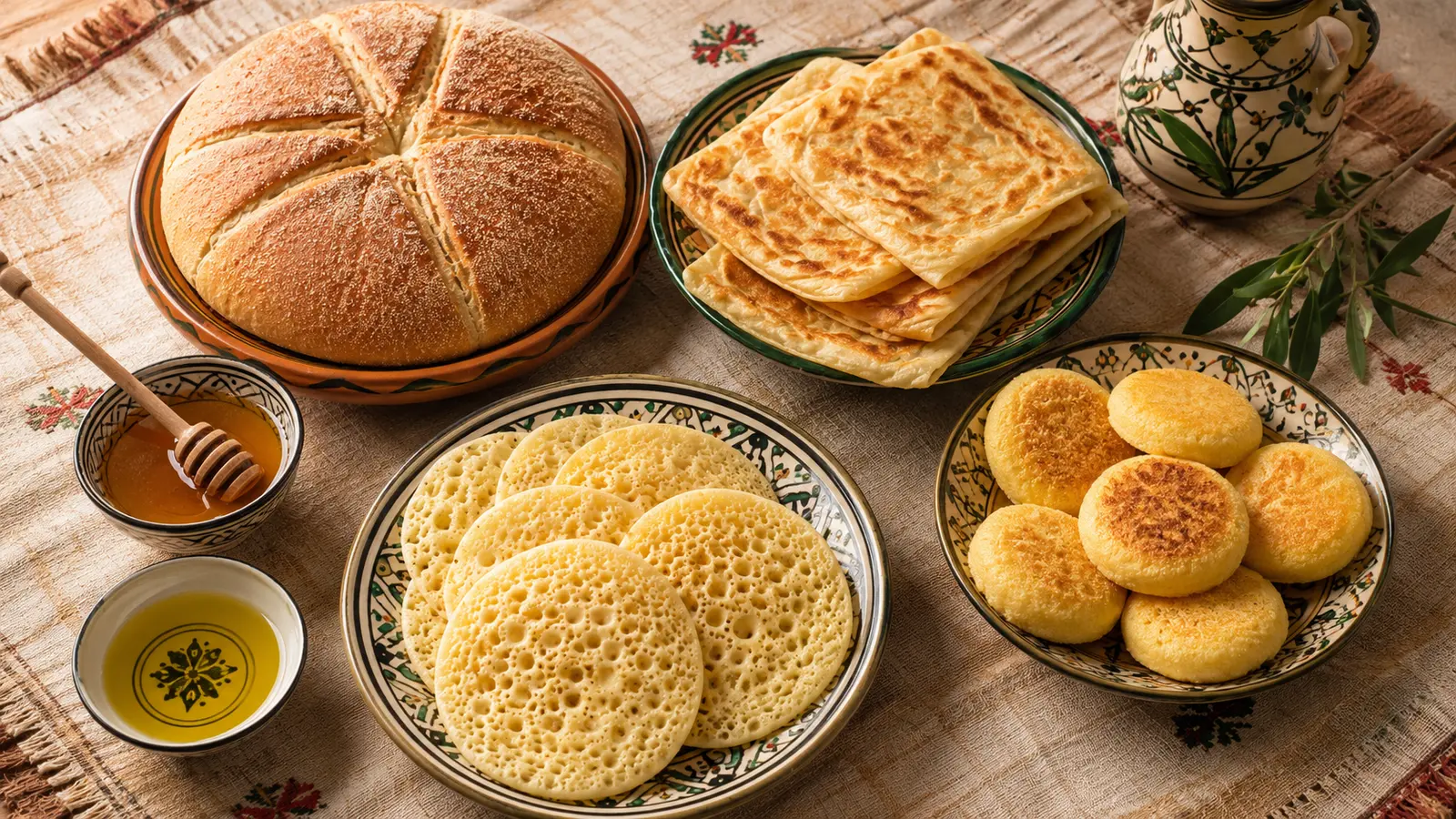 Khobz, msemen, baghrir and harcha arranged with olive oil and honey