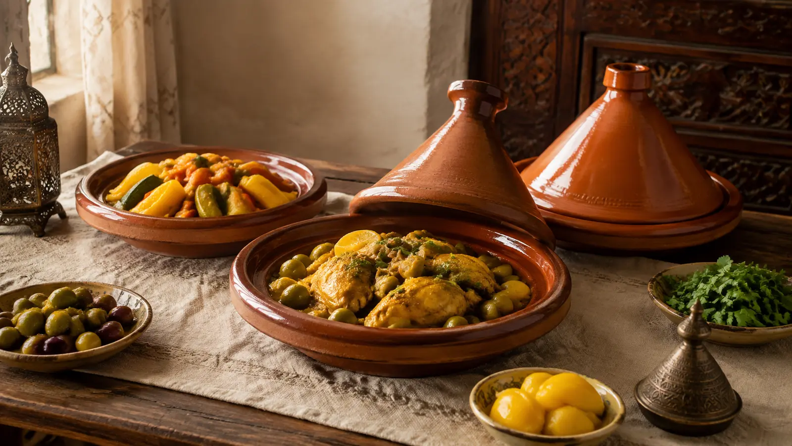 Three clay tagines with chicken, preserved lemon, olives and seasonal vegetables