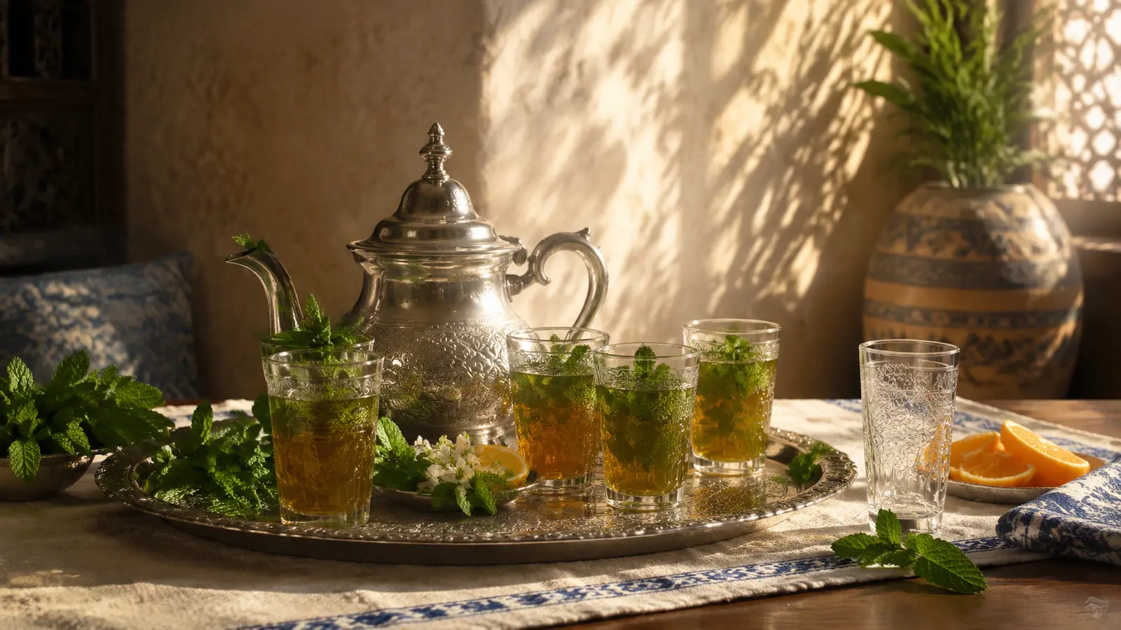 Silver Moroccan teapot with etched glasses of amber mint tea and fresh spearmint