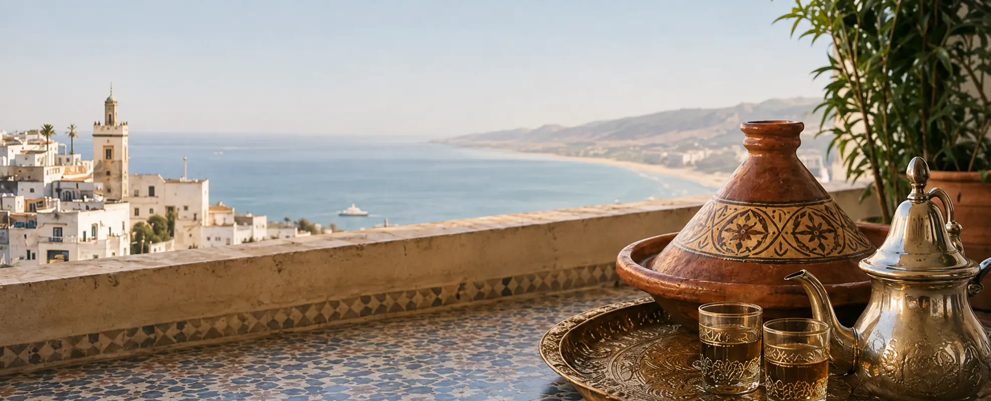 Tangier coast beside a Moroccan tagine and silver tea service