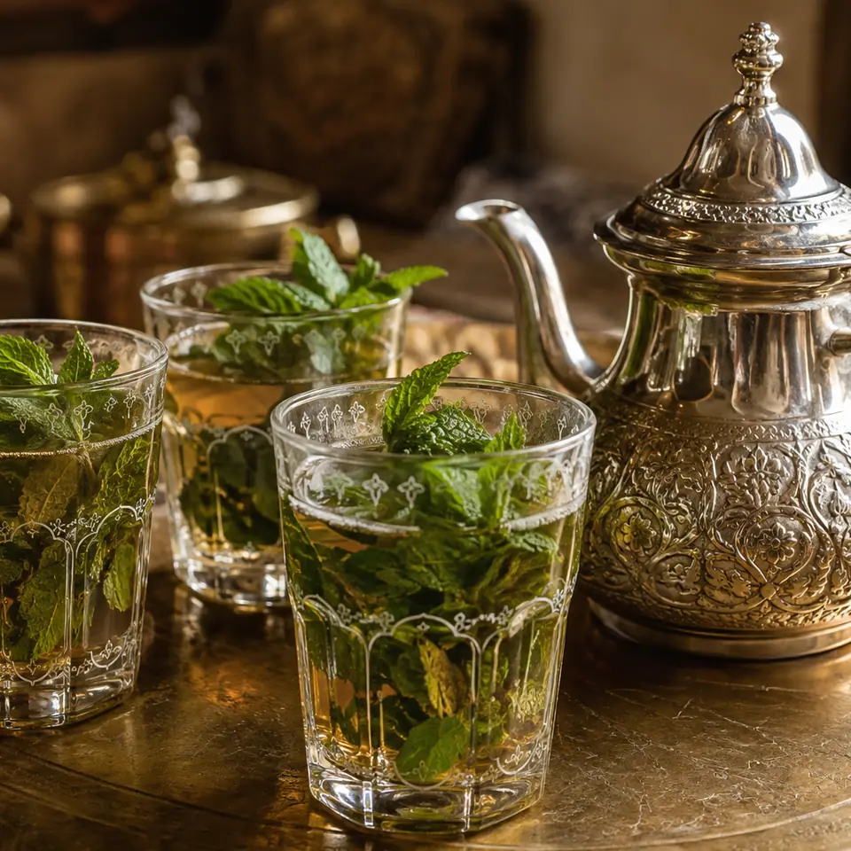 Moroccan mint tea served in decorated glasses