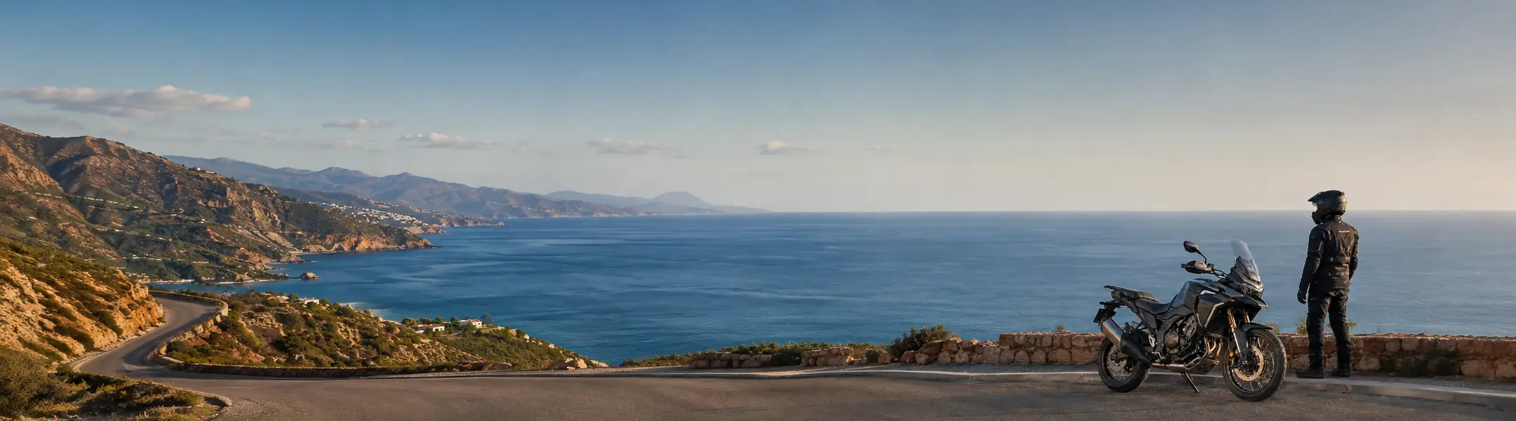 Fully equipped motorcycle traveler at a coastal overlook in Northern Morocco