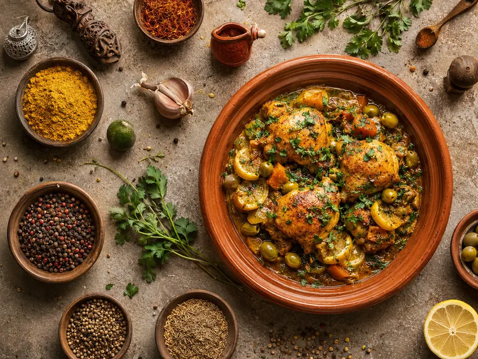 Moroccan tagine surrounded by colorful spices and herbs