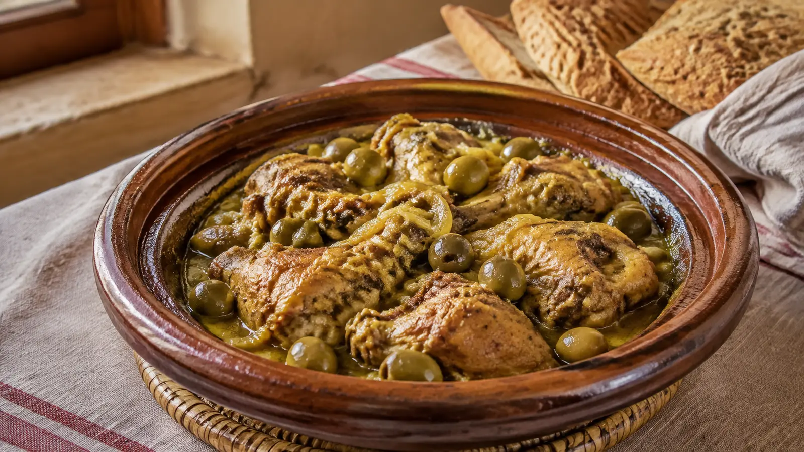 Chicken tagine with preserved lemon peel and green olives in an earthen serving dish