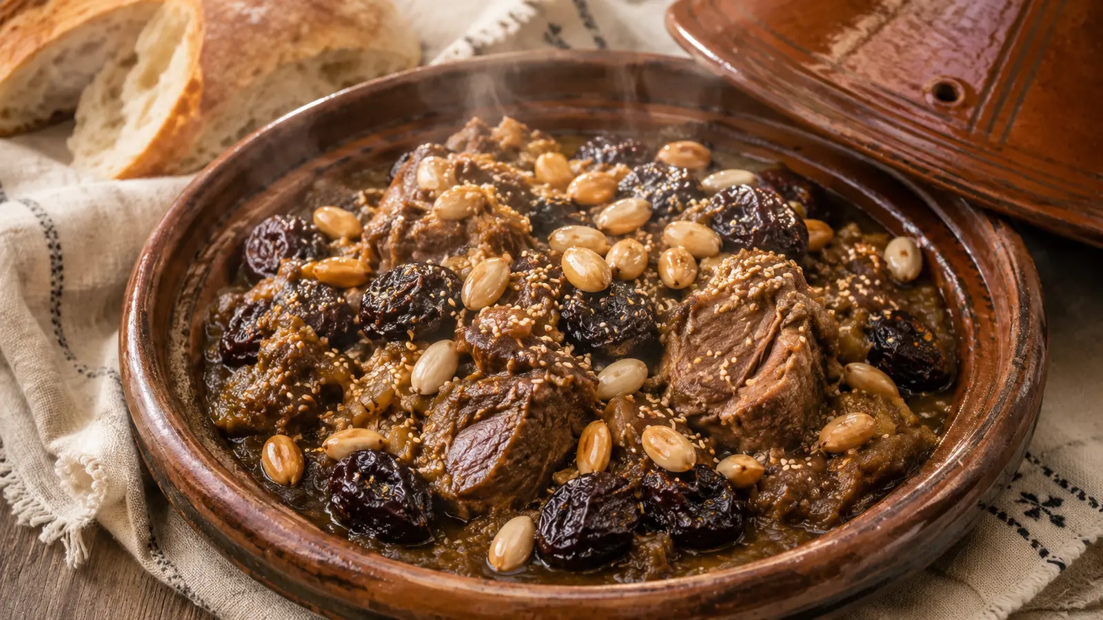 Lamb and prune tagine finished with toasted almonds and sesame
