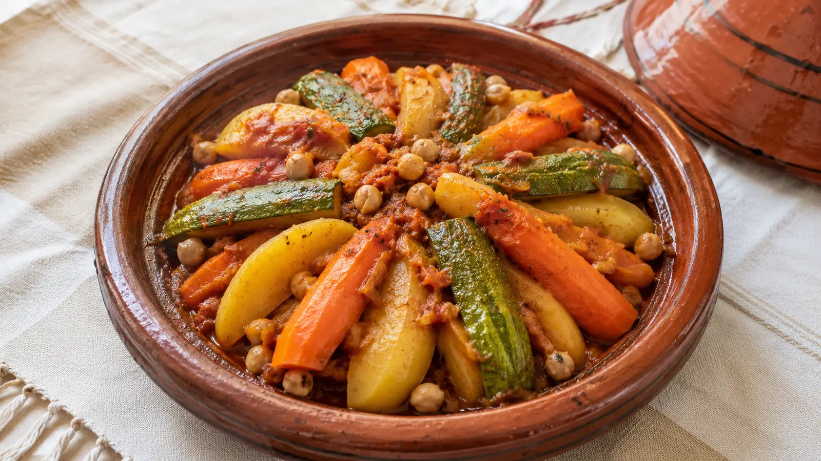 Cooked Moroccan vegetable tagine layered with carrots, zucchini, potatoes and tomato