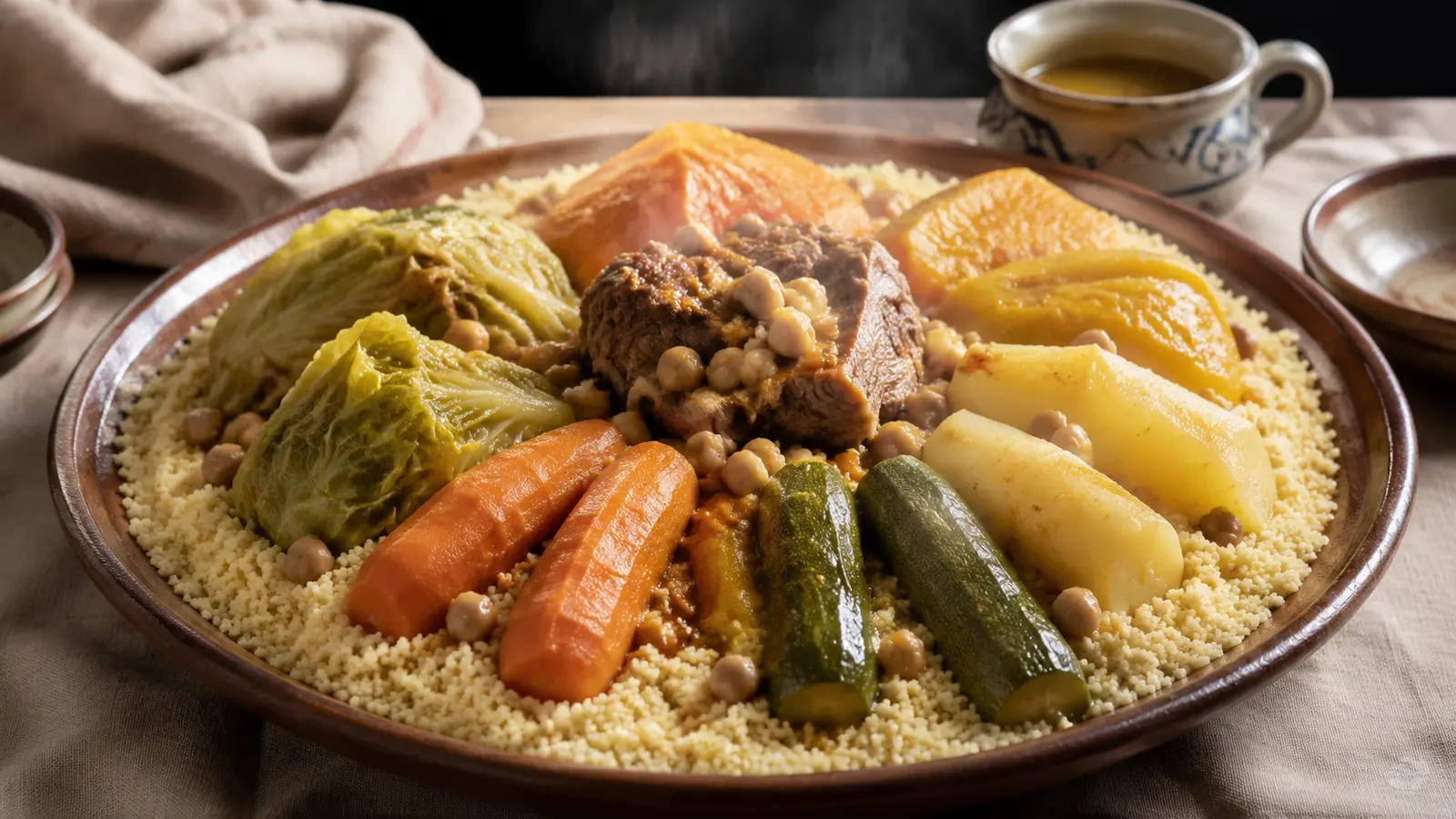 Communal platter of Moroccan couscous topped with seven vegetables