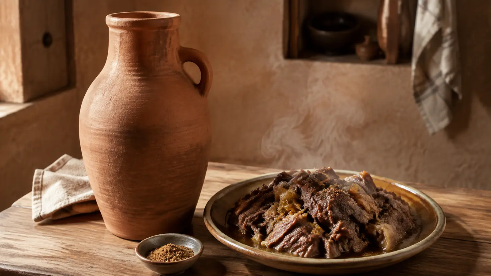 Terracotta tanjia jar beside slow-cooked lamb with preserved lemon