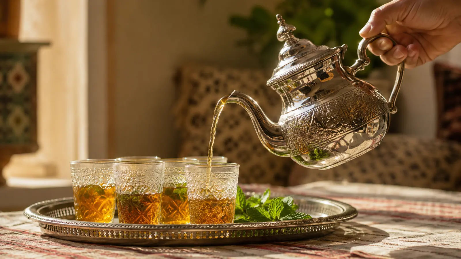 Moroccan silver teapot pouring mint tea into patterned glasses