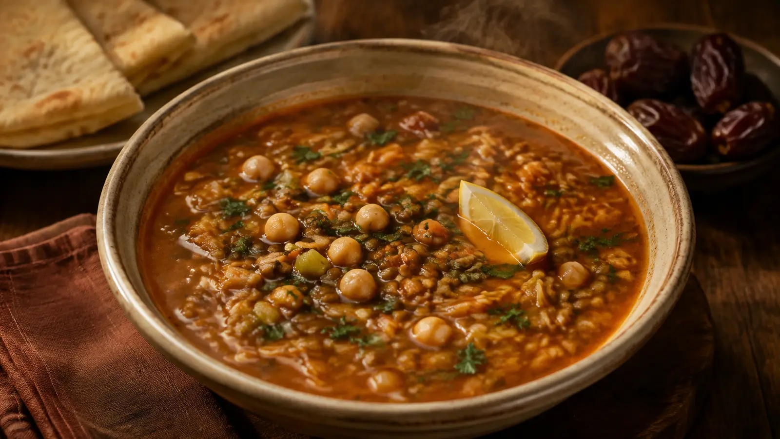 Bowl of Moroccan harira with chickpeas, lentils and fresh herbs