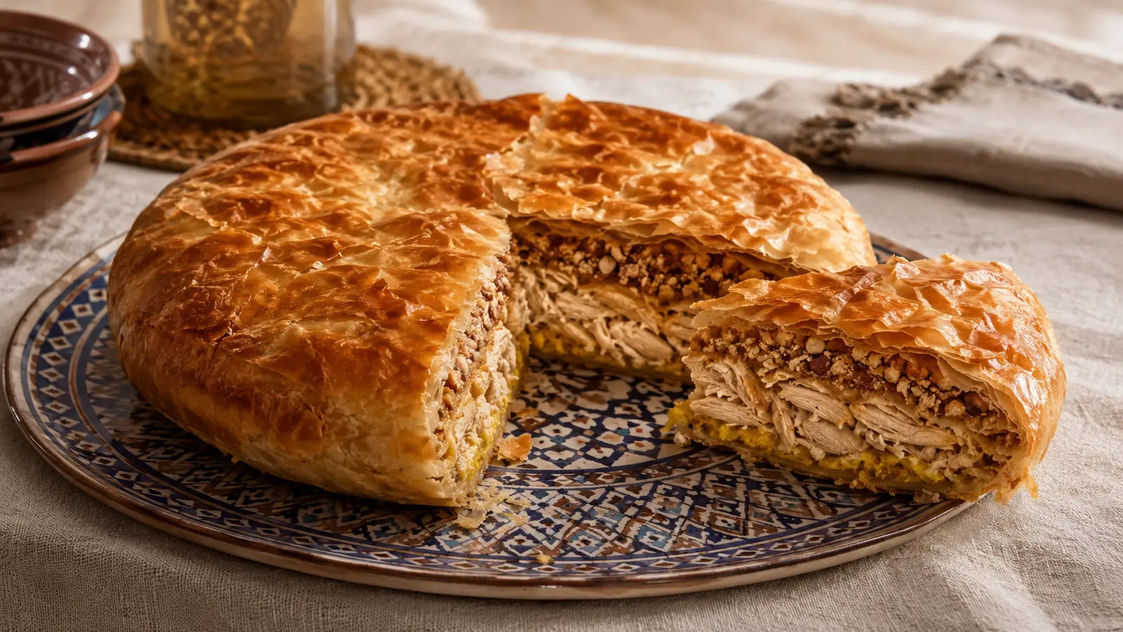 Sliced chicken pastilla showing chicken, egg and almond layers