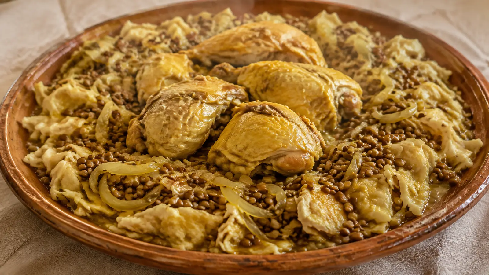 Moroccan rfissa platter with chicken, lentils and shredded trid