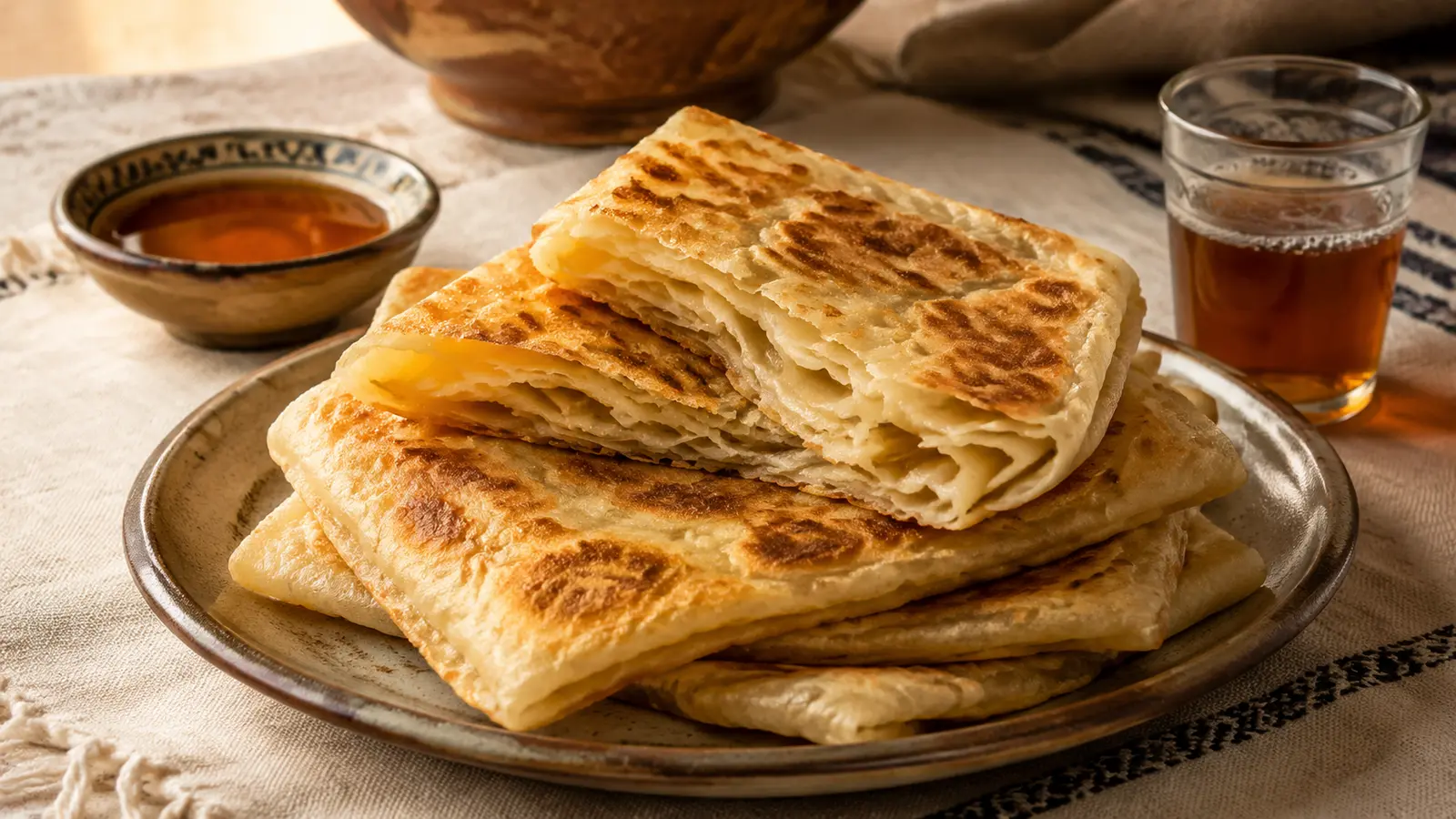 Stack of square Moroccan msemen with crisp flaky layers