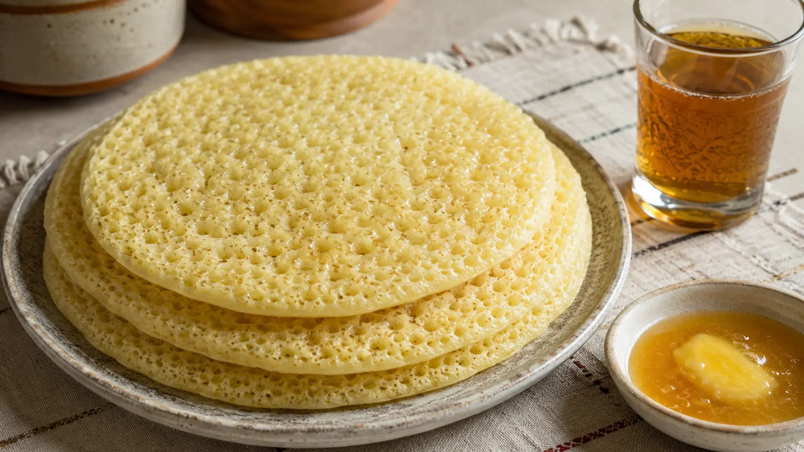 Moroccan baghrir pancakes with an even field of small holes