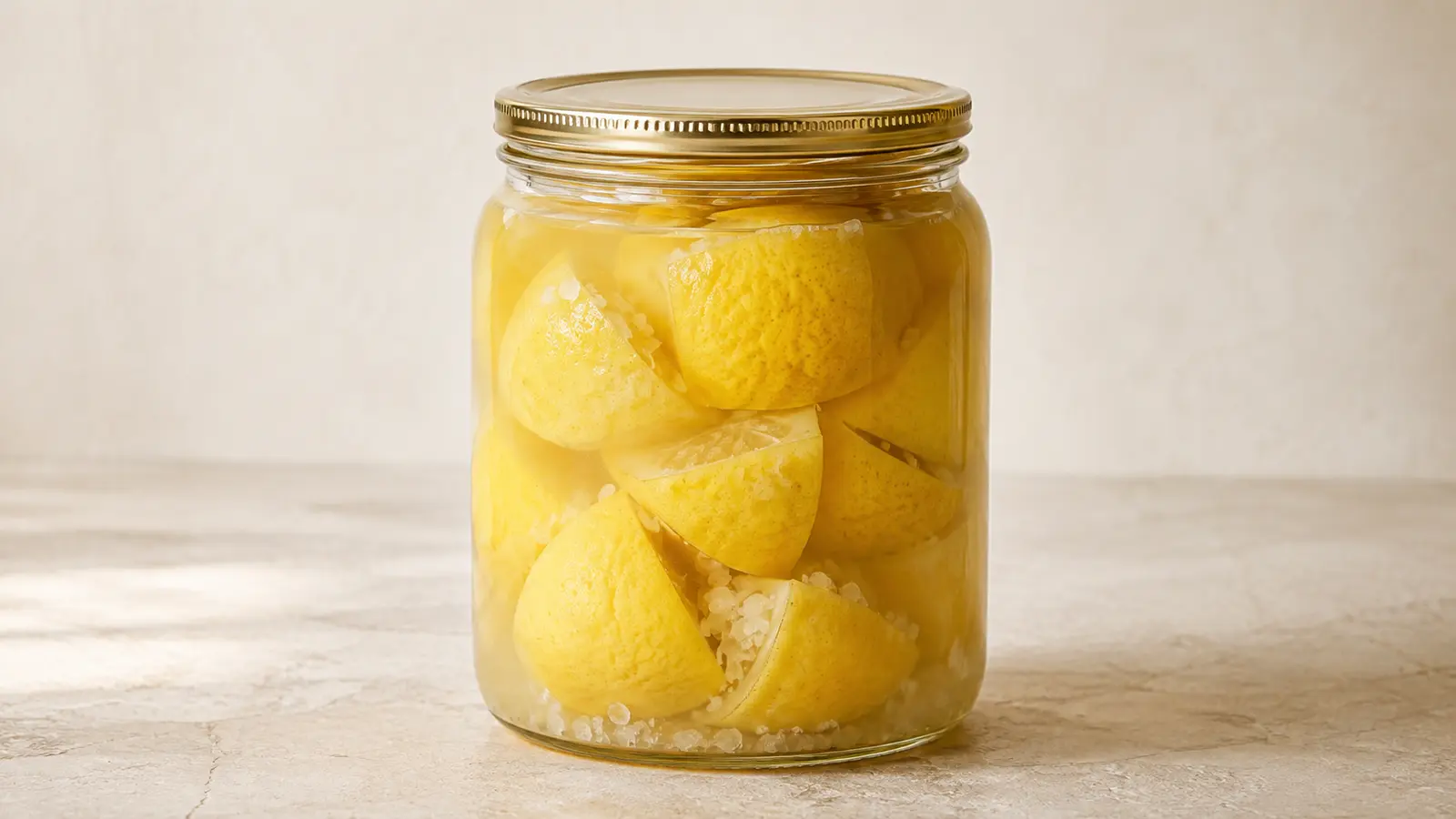 Quartered lemons packed with salt in a clean glass preserving jar