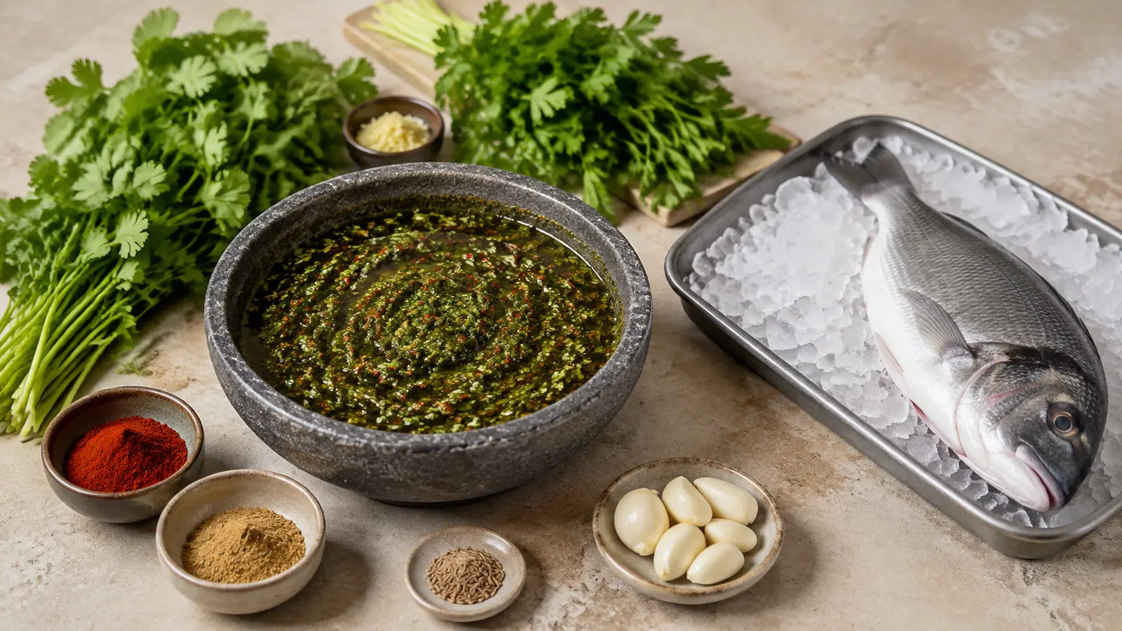 Fresh green chermoula with herbs, garlic, cumin and paprika