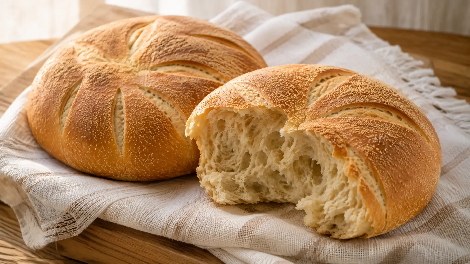 Round loaves of Moroccan khobz cooling on a kitchen cloth