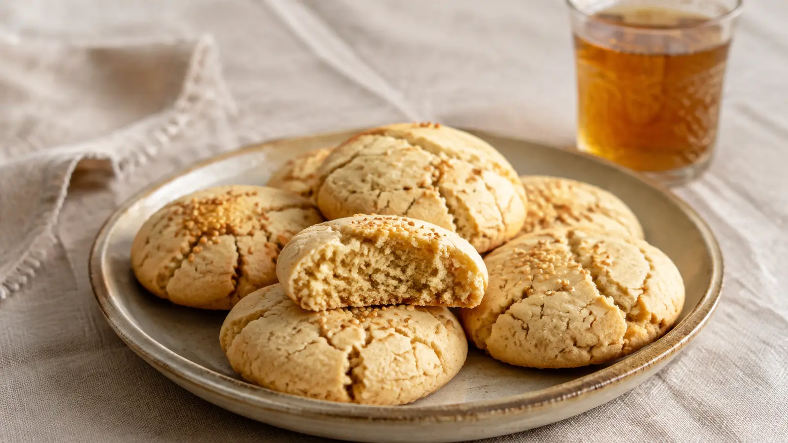 Cracked Moroccan ghriba bahla cookies with toasted sesame and a sandy interior crumb
