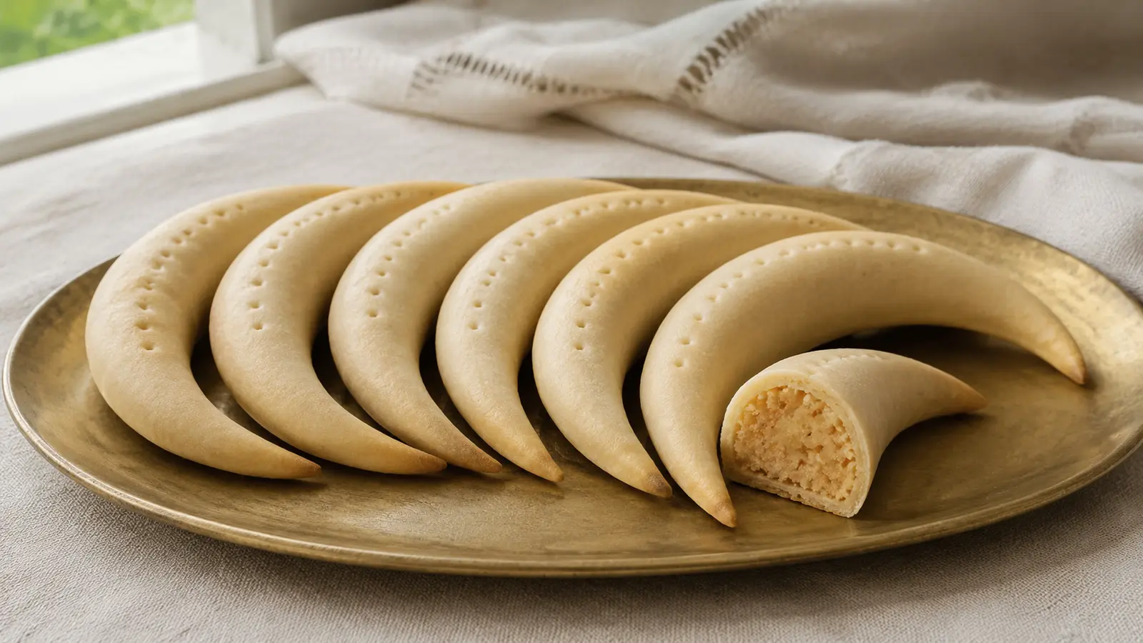 Crescent kaab el ghzal pastries with thin shells and orange blossom almond filling