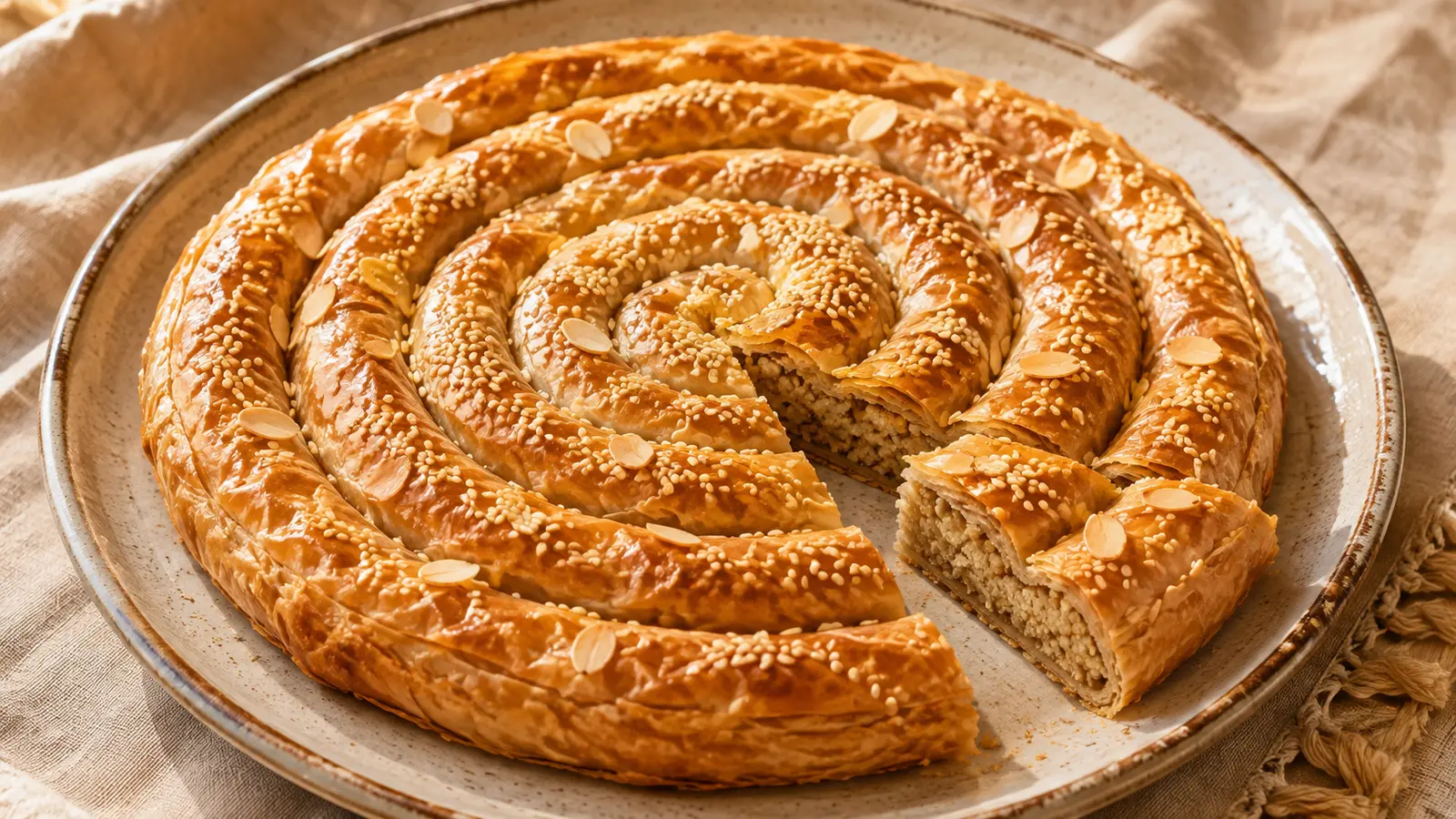 Golden spiral m’hanncha pastry with crisp layers and visible almond filling