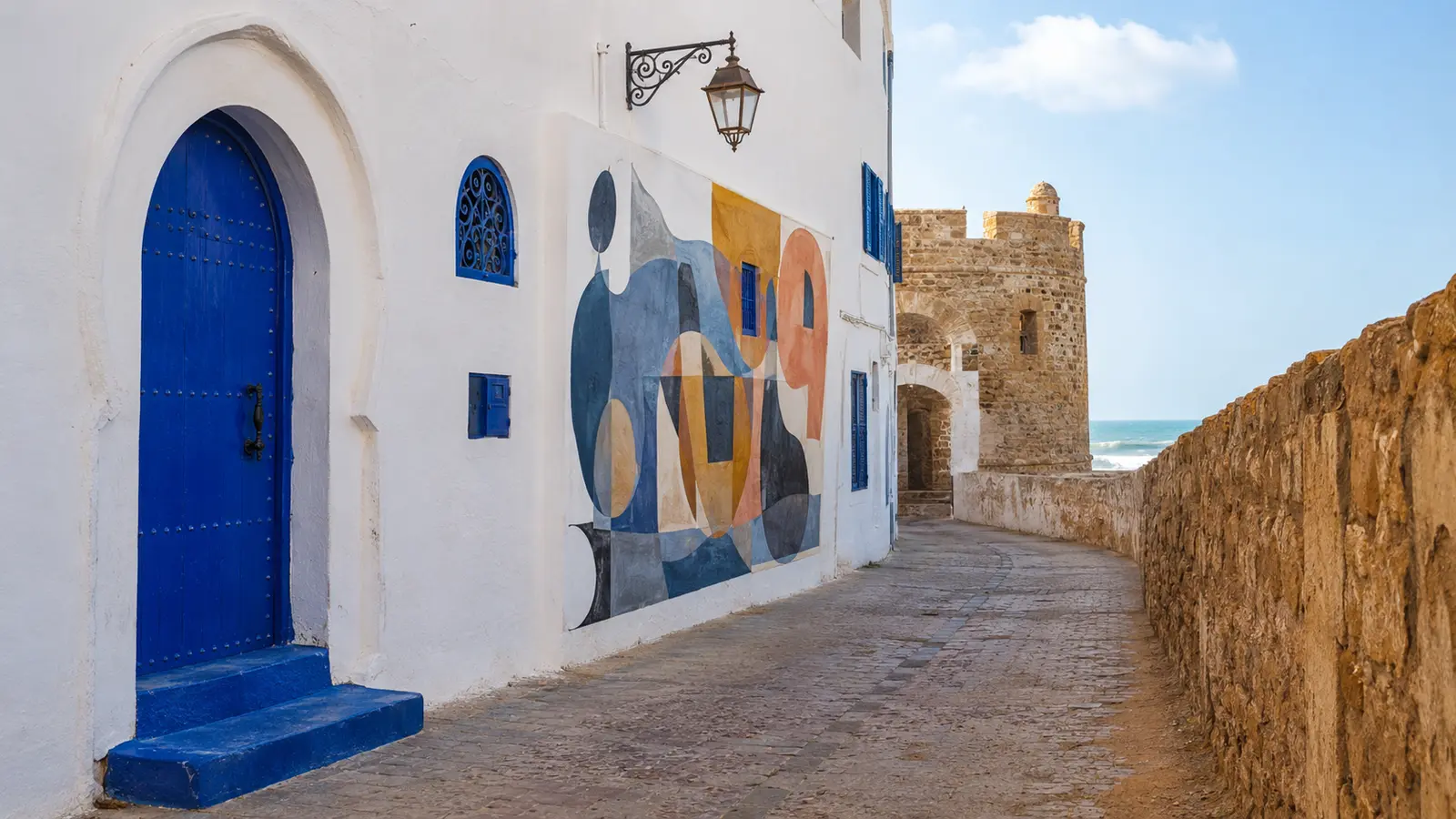 White and blue Asilah rampart lane with a contemporary mural