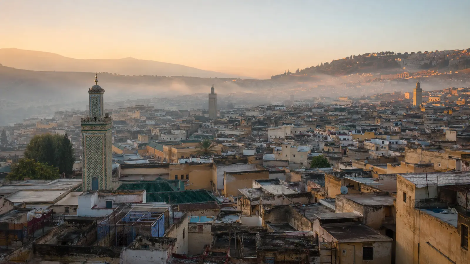 Dense rooftops and minarets of Fes el-Bali at dawn