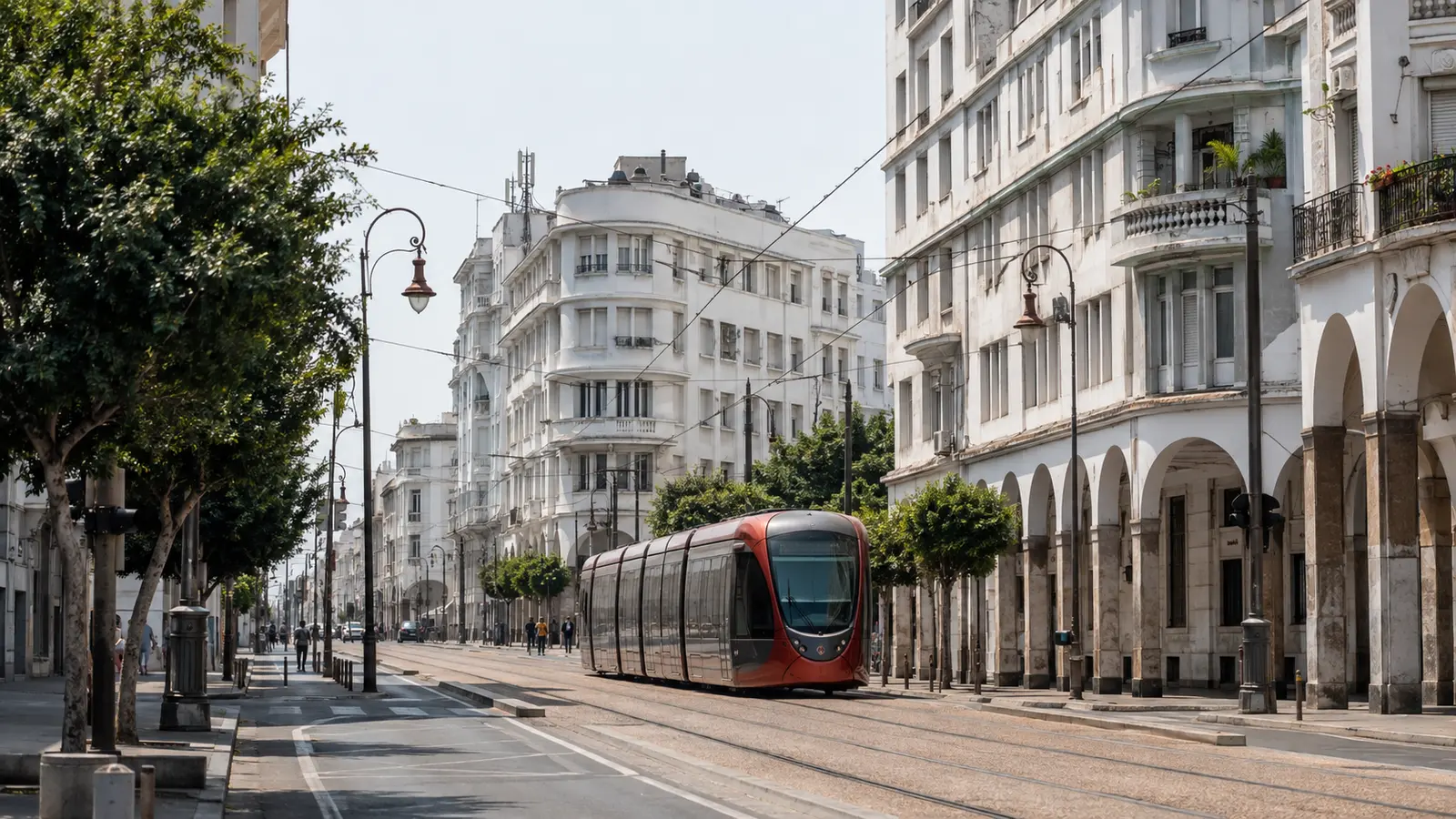 Casablanca Art Deco buildings and a tram on a central city street