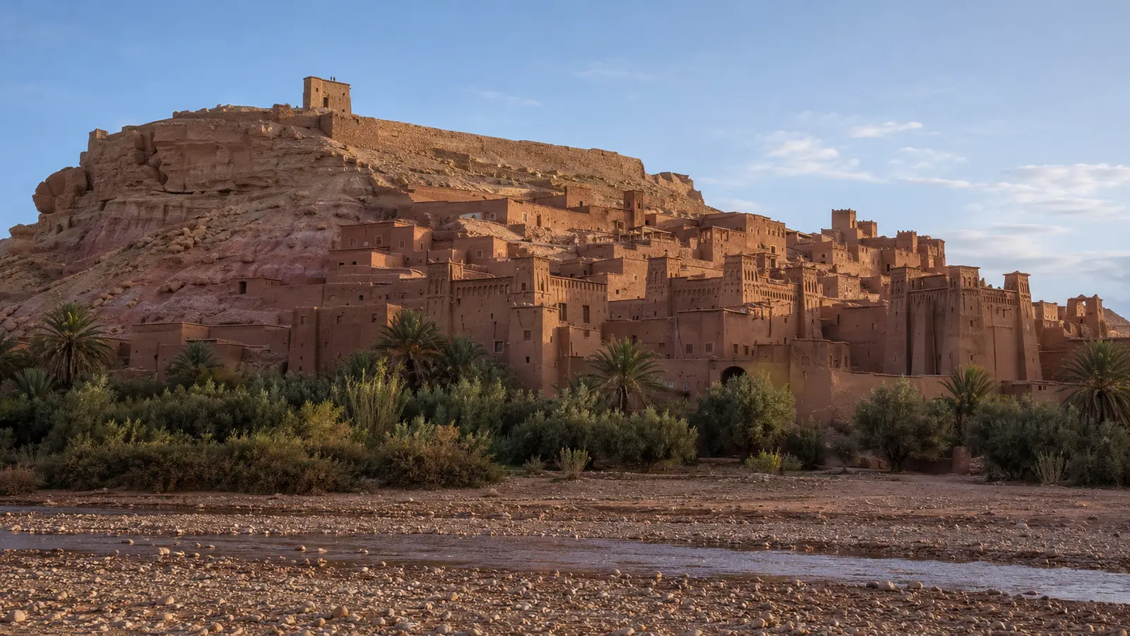 Earthen towers of Ait Ben Haddou seen across the riverbed