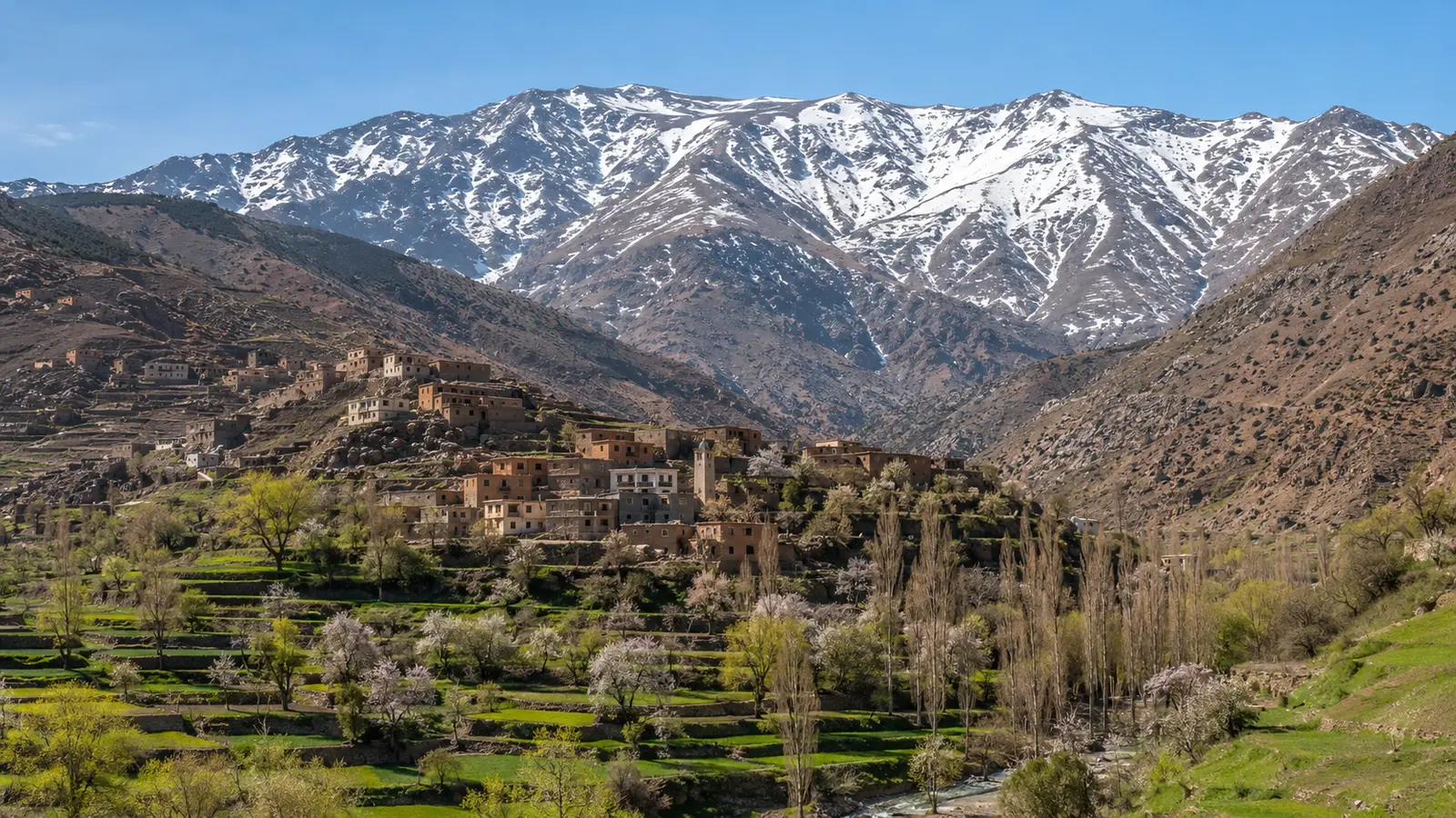 High Atlas village terraces below a snow-streaked mountain ridge