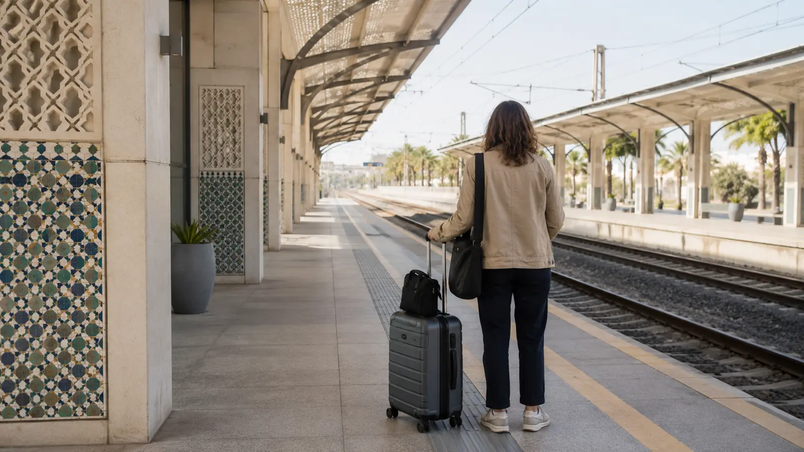 Rail platform in Rabat with luggage and Moroccan architectural details