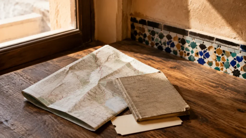 Paper map, notebook and travel essentials arranged beside Moroccan tilework