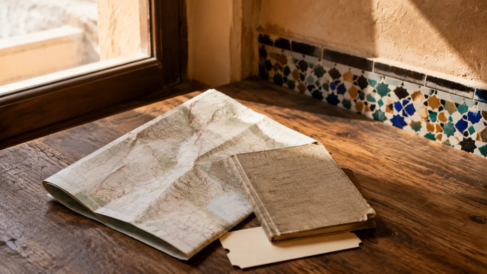 Paper map, notebook and travel essentials arranged beside Moroccan tilework