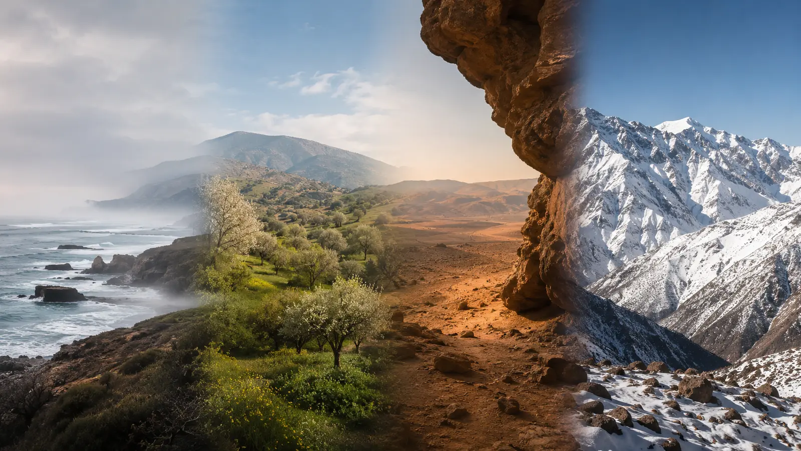 Moroccan coast mist, spring valley, desert shade and snow-covered Atlas peaks
