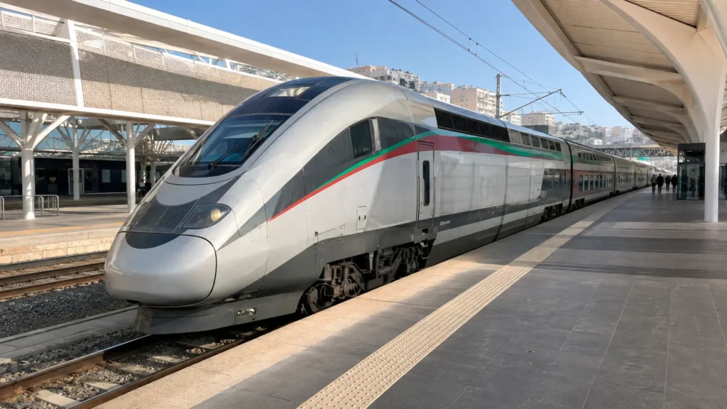 Al Boraq high-speed train standing at Tangier Ville station platform
