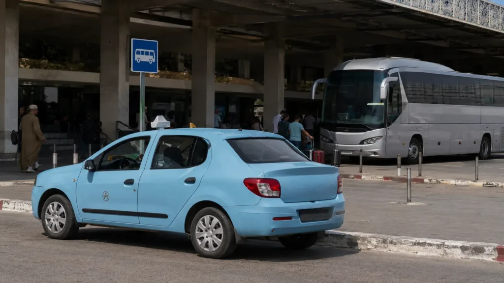 Moroccan petit taxi near an intercity coach terminal entrance