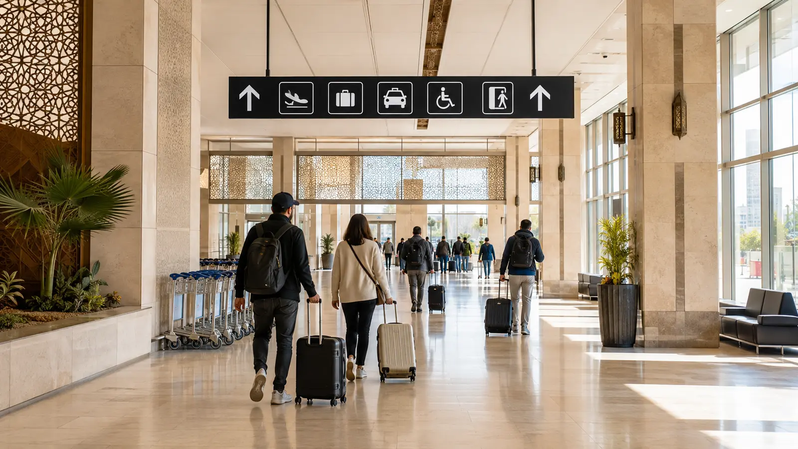 Bright Moroccan airport arrivals hall with multilingual signs and travelers' luggage
