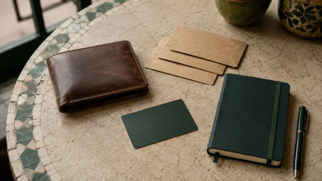 Closed travel wallet, blank card sleeves, notebook and pen arranged for Morocco trip planning