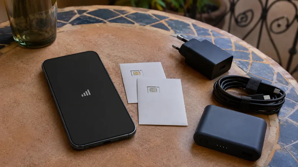 Unlocked smartphone beside sealed SIM packaging, charger and travel power bank