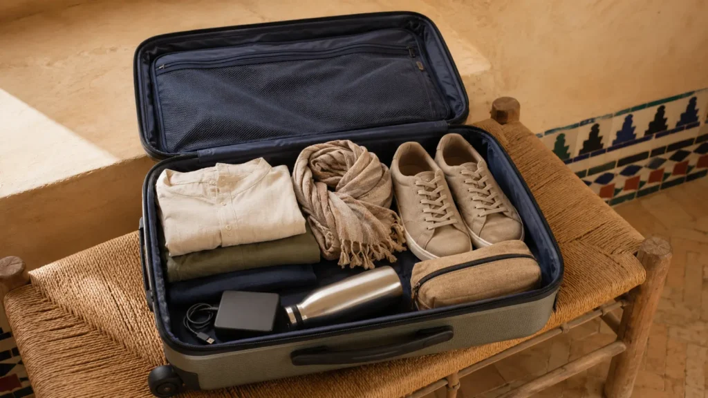 Open carry-on containing breathable clothes, walking shoes, scarf, bottle and travel health kit