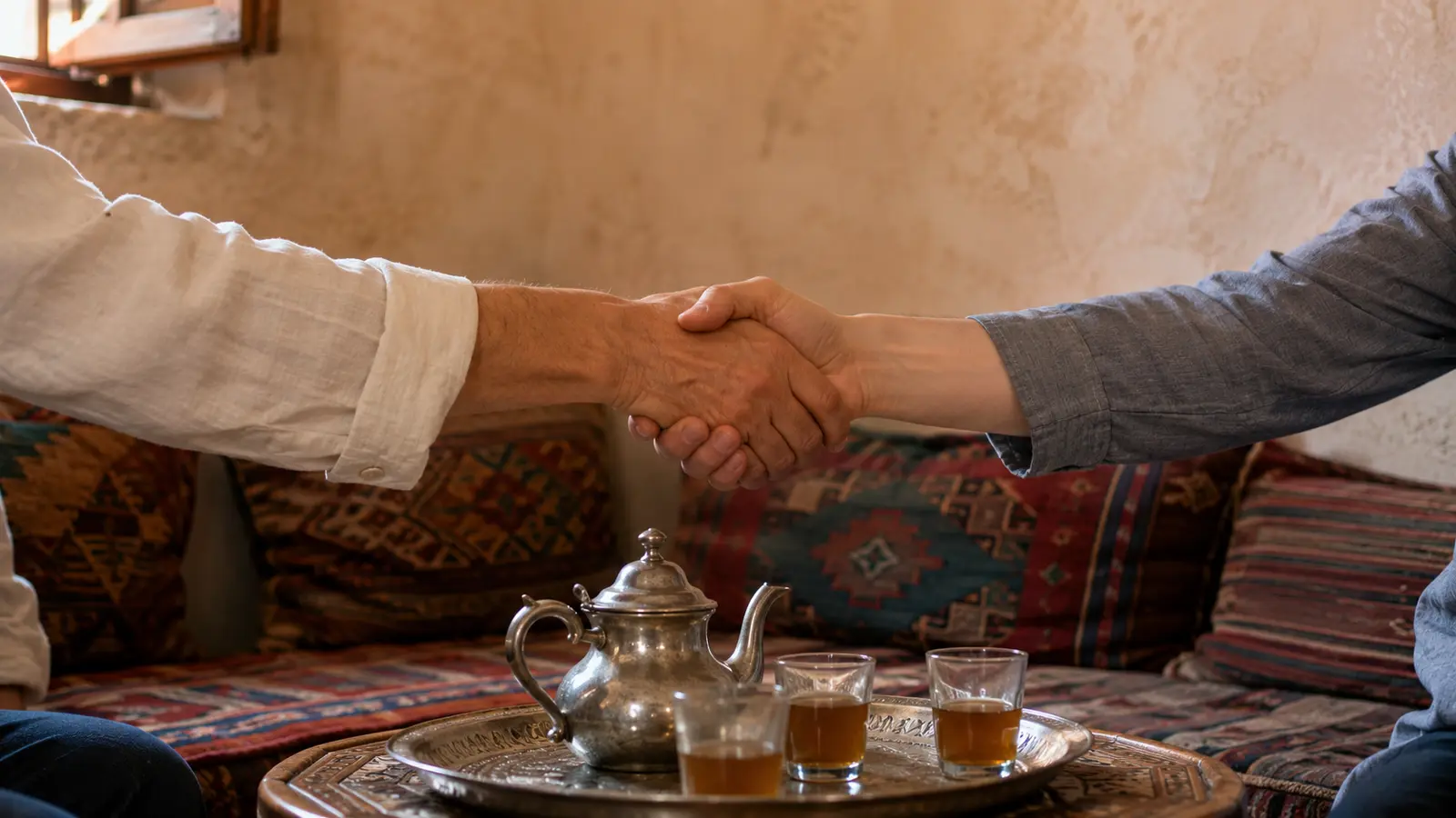 Two people greeting across a Moroccan tea table in a home setting