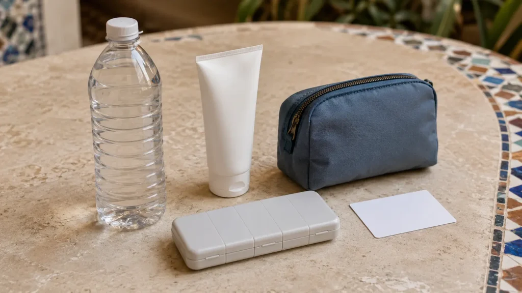 Travel health kit with sealed water, sunscreen, medication case and emergency card