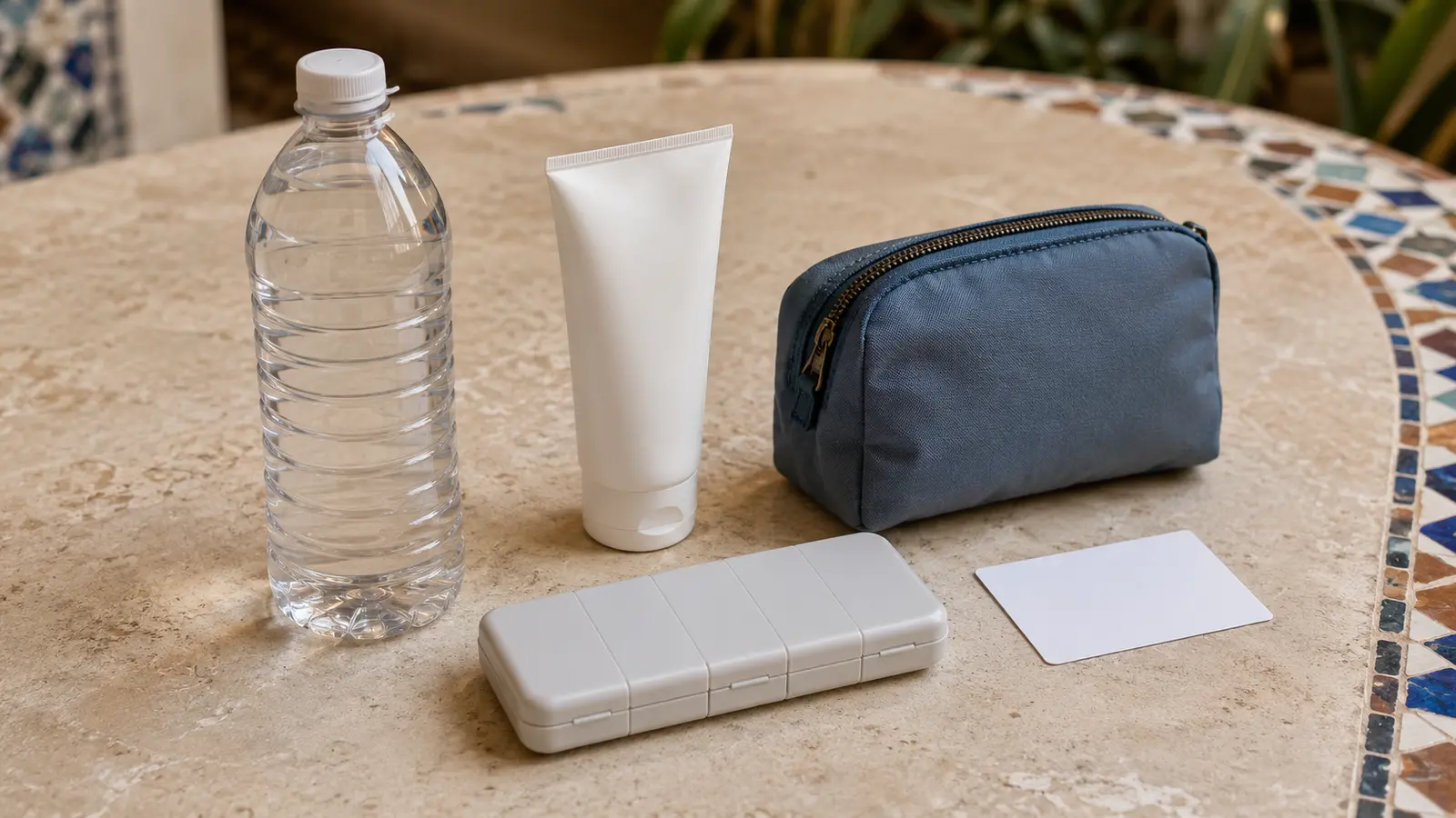 Travel health kit with sealed water, sunscreen, medication case and emergency card