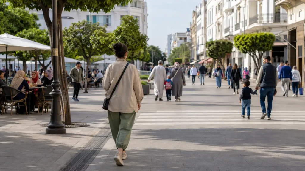 Solo woman traveler walking along a broad active Moroccan street in daylight