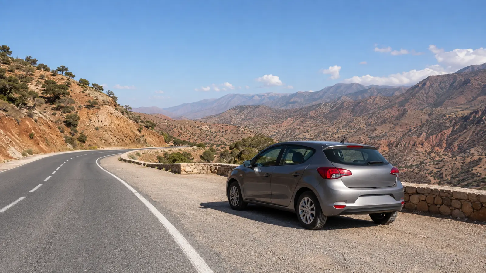 Small rental car at a legal pull-off beside a marked Moroccan national road
