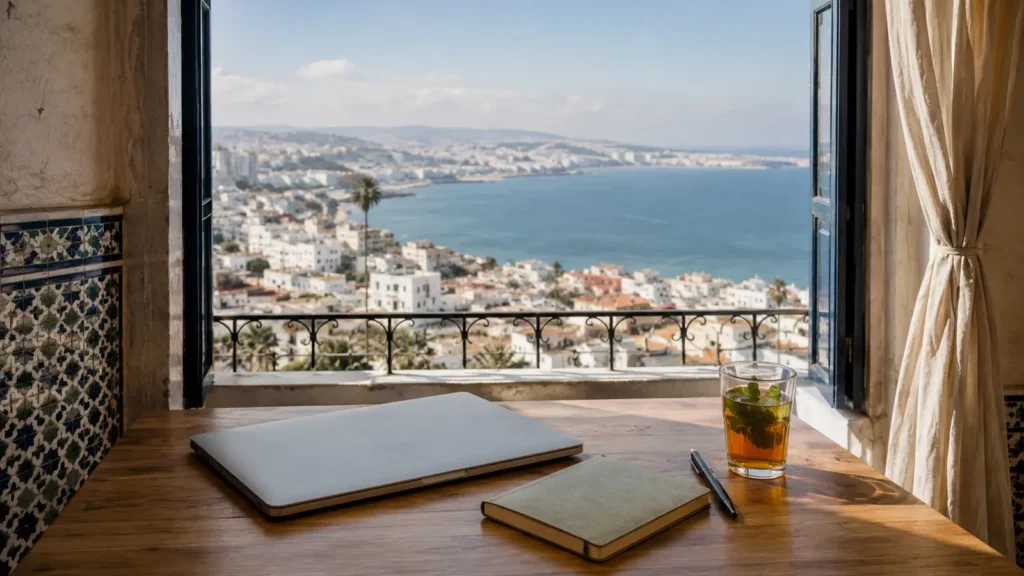 Closed laptop and notebook beside mint tea on a bright sea-view table in Tangier
